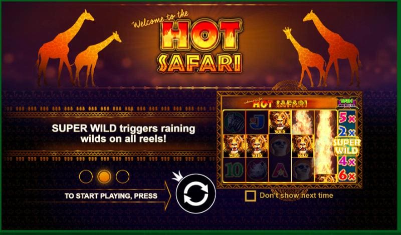 Hot Safari Slot reels filled with lions, zebras, elephants, and other wild animals set against an African safari backdrop