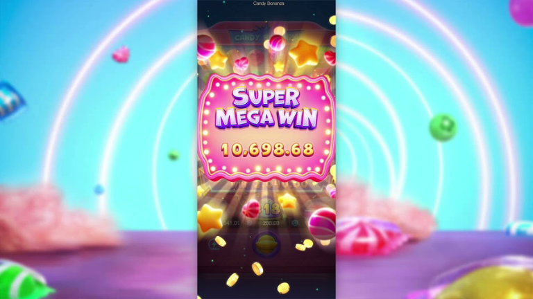 Candy Bonanza slot game reel featuring colorful candies and cascading symbols.