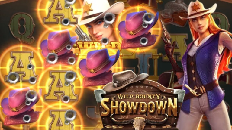 "Wild Bounty Showdown slot game by PG Soft featuring cowboys, money bags, and exciting bonus features in a western-themed setting."

