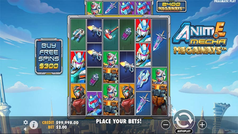 An exciting screenshot of the Anime Mecha Megaways slot featuring futuristic mecha robots, vibrant symbols, and the dynamic reels in action.

