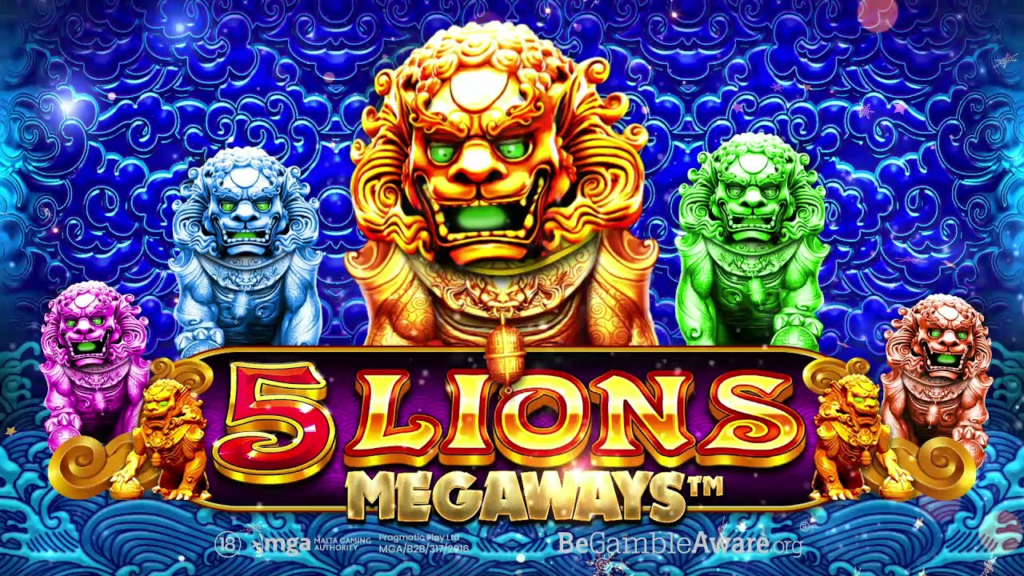 5 Lions Megaways Slot by Pragmatic Play featuring golden lion wilds, cascading reels, and Asian-inspired symbols with up to 117,649 ways to win